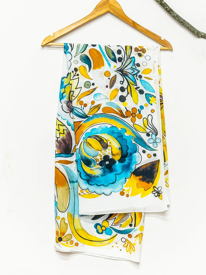 Large Estonian Silk Accent Scarf with a Modern Järvamaa Design - Yellow & Blue